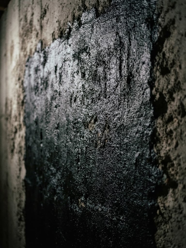 Macro shot of a thick black polyurethane tanking membrane applied flawlessly to a structural concrete basement wall, dramatic architectural side lighting showing heavy textures, 35mm film