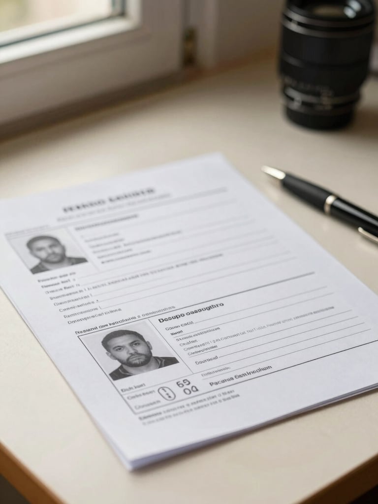Close-up of a printed Brazilian criminal background check document on a warm cream desk, a pen resting beside it, soft north-facing window light from the upper left, shallow depth of field, no text legible