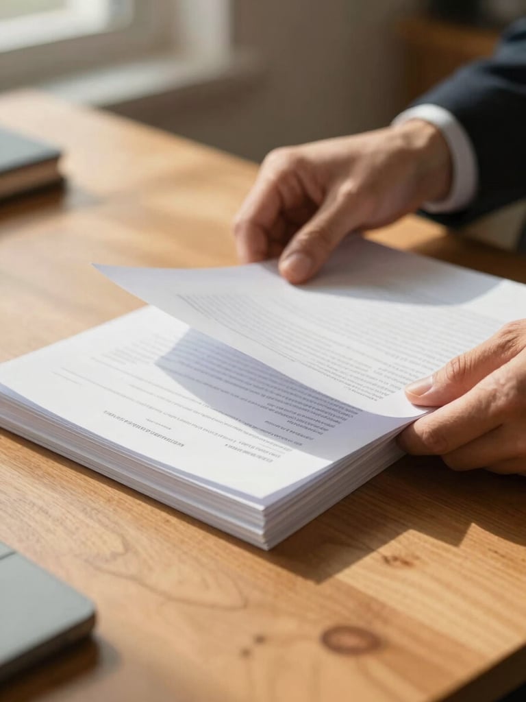 Close-up of hands carefully sorting official documents on a warm wooden desk under natural window light, crisp paper edges visible, soft depth of field, warm golden hour tone