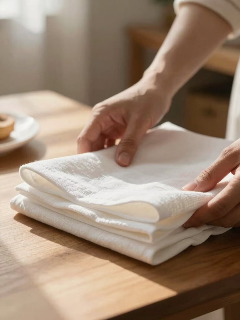 Close-up of hands carefully folding crisp white linens on a wooden table, north-facing daylight streaming from the left, warm cream and linen tones, no faces visible, domestic interior background softly out of focus