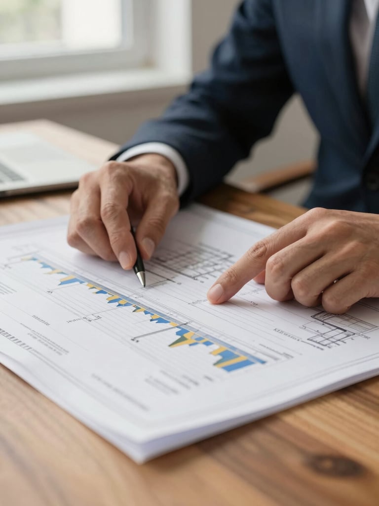 Close-up of hands reviewing financial charts and architectural blueprints on a solid oak table, soft side light, professional and quiet atmosphere, 35mm