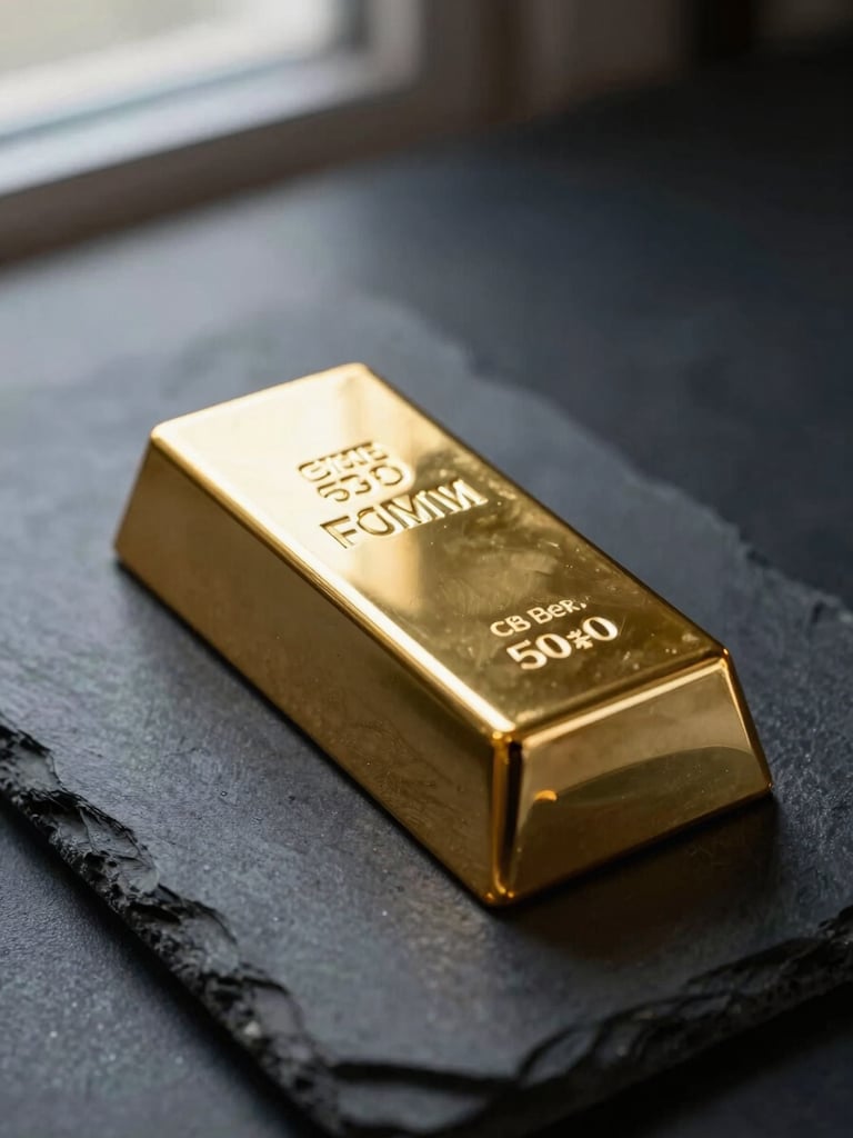 Close-up of a raw gold bar resting on a dark slate surface, elegant side lighting, crisp architectural shadows, 35mm financial photography