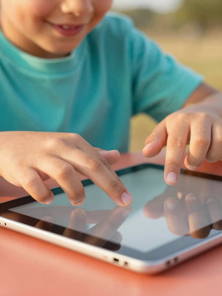 Close-up shot of hands guiding hands on a tablet screen, a child smiling, warm golden-hour light, shallow depth of field, vibrant coral accents.