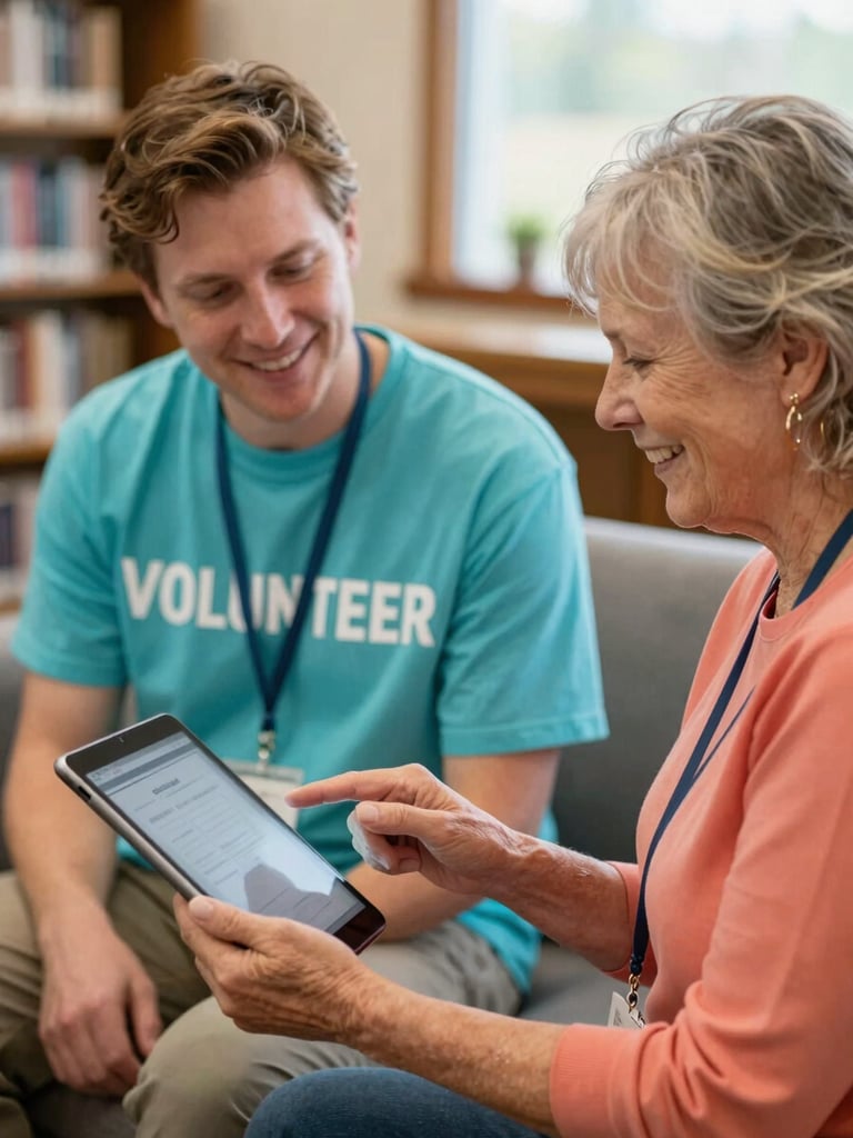 Warm editorial photography of a local Colorado volunteer in a turquoise shirt sitting side-by-side with a smiling senior woman, guiding her hand on a tablet screen, soft natural daylight in a cozy community library setting, shallow depth of field