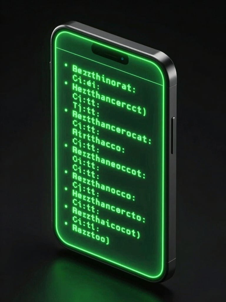 Isometric 3D render of glowing mobile screen displaying terminal code, neon green emissive glow, high-contrast tech aesthetic, octane render