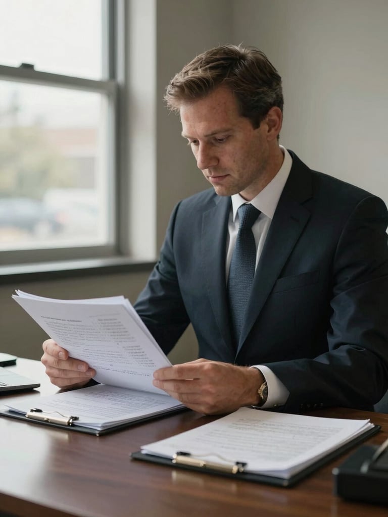 Medium shot of attorney Andy at his desk under natural window light, reviewing a car accident case folder with handwritten notes, overcast daylight from the left, no distractions in frame