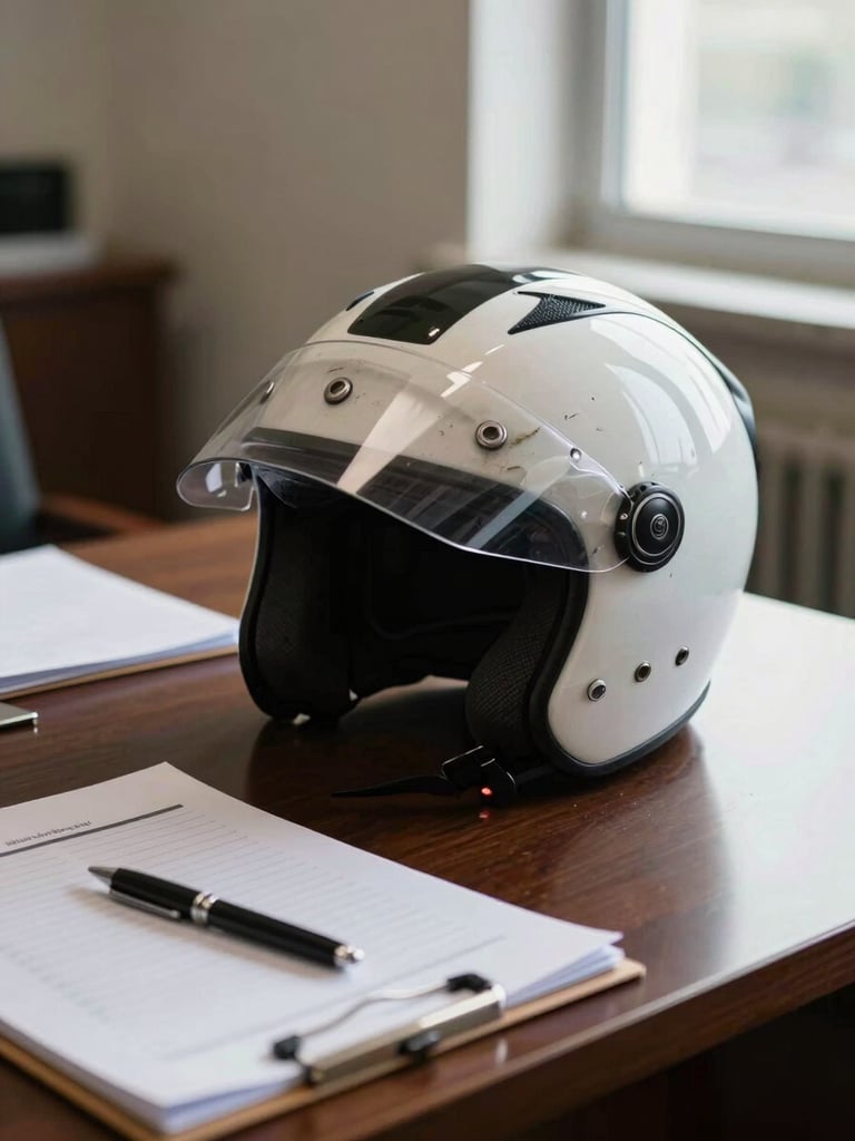 Close-up of a motorcycle helmet with visible impact damage resting on a law office table beside an open manila case folder and a pen, harsh natural window light from the right, documentary framing, no people