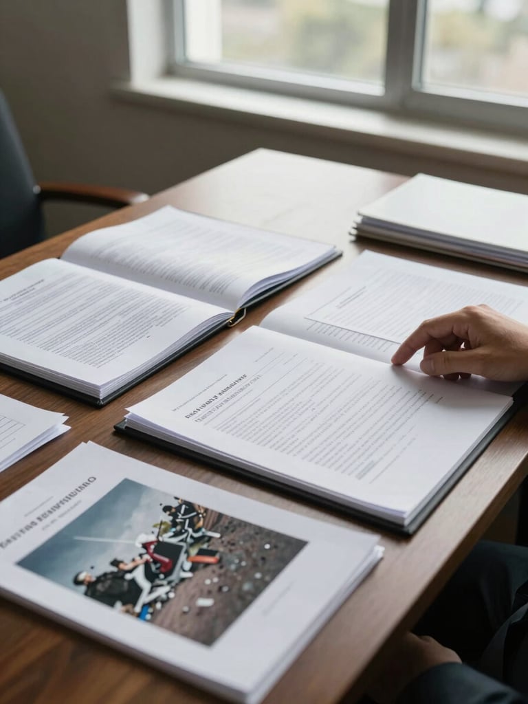 Wide documentary frame of an attorney's desk under natural window light, open case folders and intake forms spread across the surface, a hand resting on a legal document, accident damage photographs visible among the papers, no faces, overcast daylight, editorial stillness