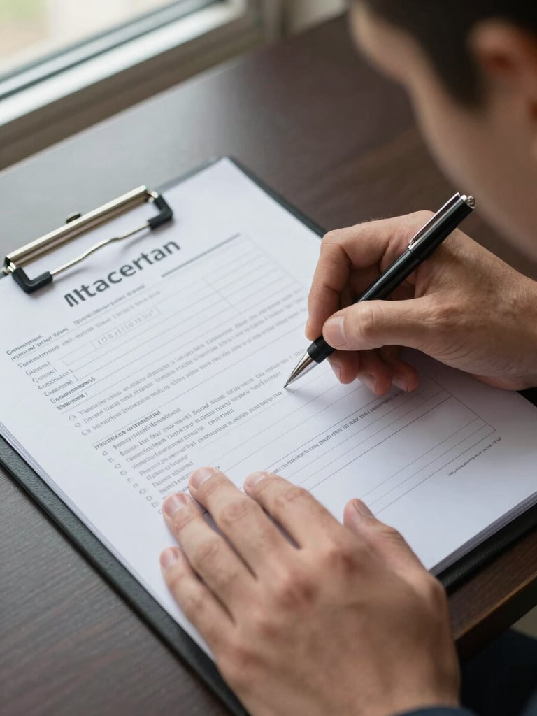 Close-up overhead view of a legal intake form being filled out by a hand holding a pen, open case folder beside it with printed accident report pages, natural daylight from a nearby window, desk surface visible, no faces