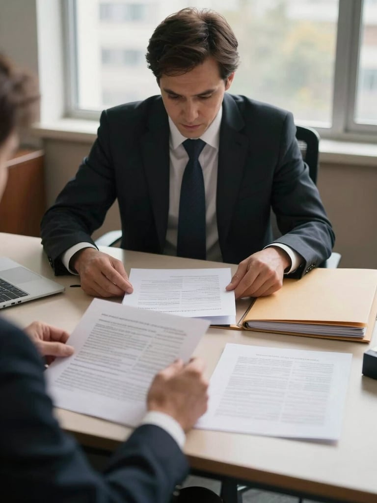 Medium shot of attorney at a wide desk under natural window light, reviewing printed case documents and a thick file folder, hands visible on papers, office ambient, no face visible, documentary framing