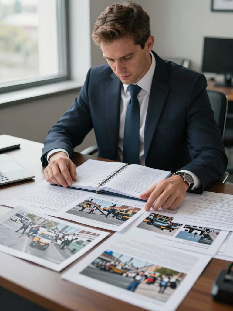 Medium shot of attorney Andy at a wide desk under natural window light, hands spread across printed accident case photographs and a legal notepad, reviewing evidence, no smiling, concentrated expression, overcast daylight from left