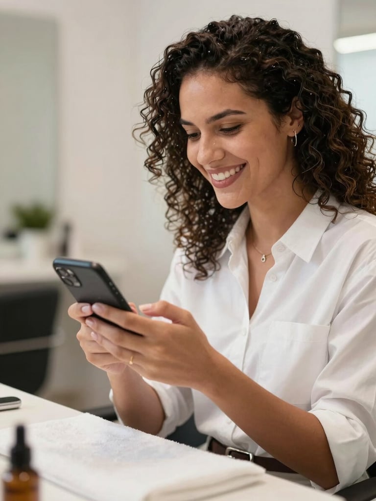 Medium shot of a smiling Brazilian female manicurist in a bright, modern salon, looking at her smartphone with relief, natural side lighting, high contrast, professional depth of field.