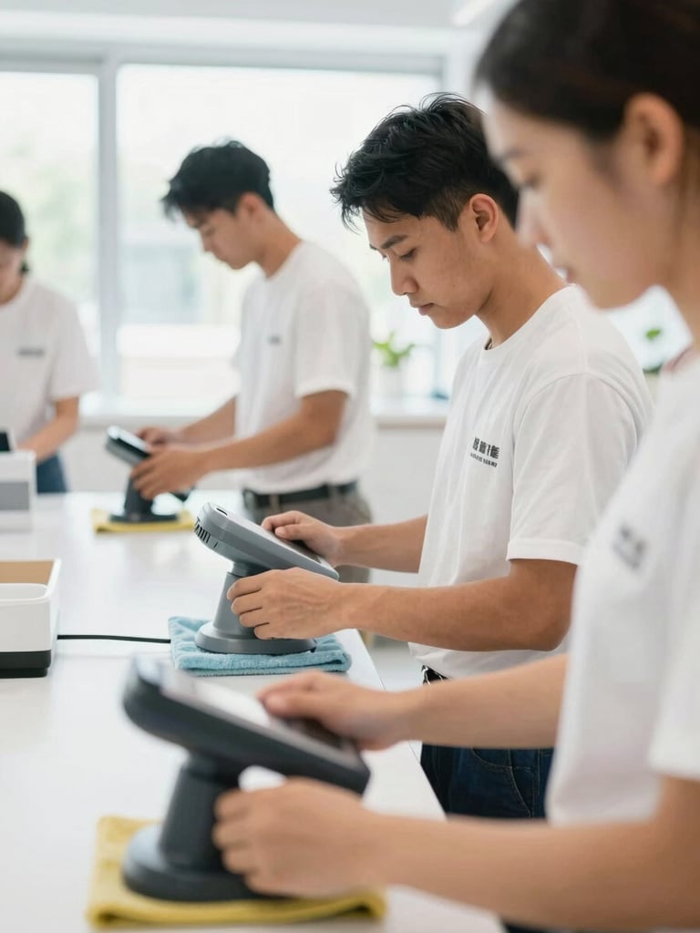 Close-up of professional Thai cleaning staff during a training session, focused on learning new techniques with modern equipment, bright indoor lighting, crisp cool tones, sharp focus.
