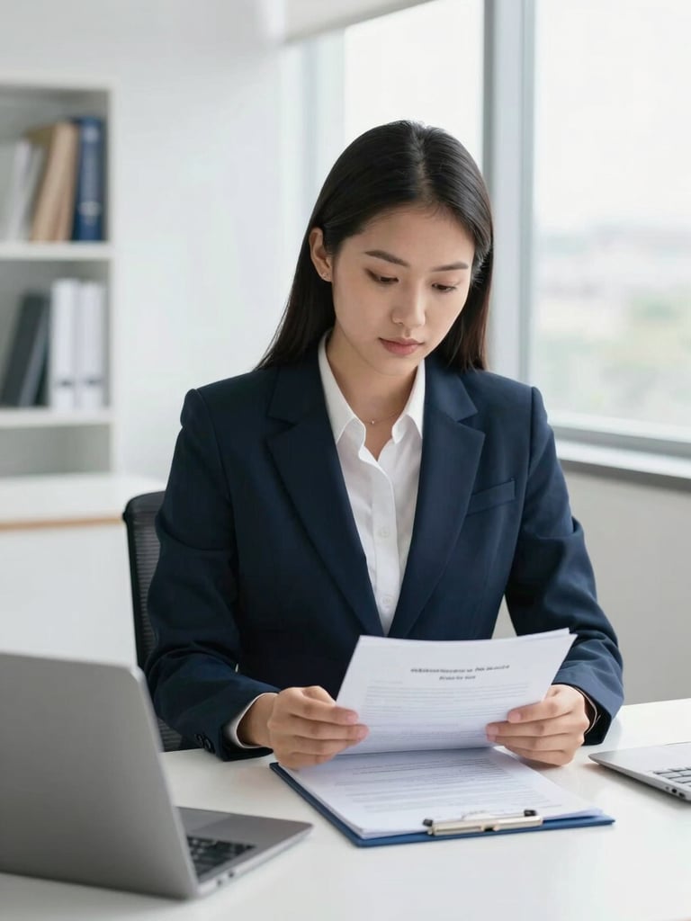 Professional legal advisor in a modern bright office in Asunción, reviewing official documents, natural window light, sharp focus, navy blue and white tones