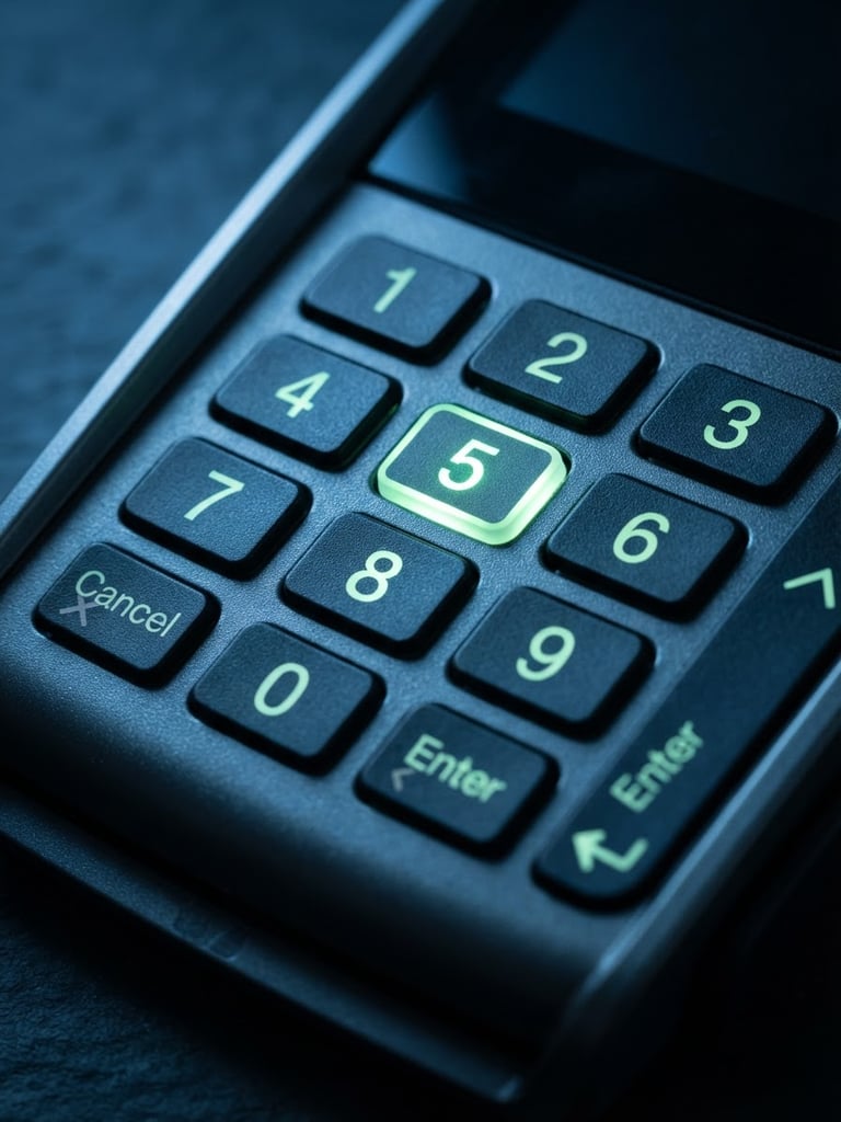 Sleek close-up of a modern physical card terminal keypad with cool blue studio lighting, sharp focus on the keys, dark slate background