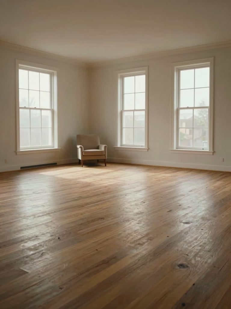 Wide environmental shot of an empty living room interior, bare wooden floors, a single upholstered chair remaining near the far wall, diffuse daylight through tall windows, the bones of a home revealed