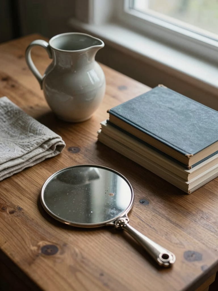 Close overhead study of grouped estate objects on a wooden tabletop—a ceramic pitcher, a stack of cloth-bound books, a silver hand mirror with visible patina, and a folded textile—under diffuse north-facing window light, quiet documentary mood
