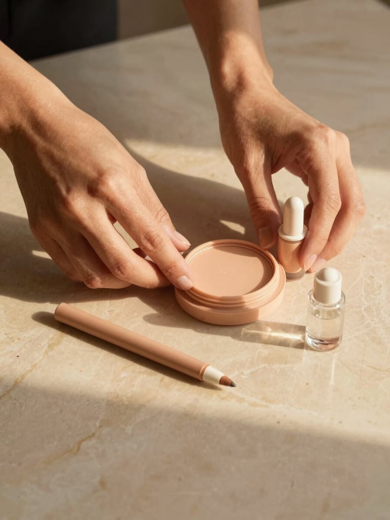 Close-up of hands arranging a small cluster of nude-toned cosmetics — a compact, a lip pencil, a delicate glass bottle — on a warm beige marble surface, golden-hour light spilling from the left side, soft shadows, no faces visible