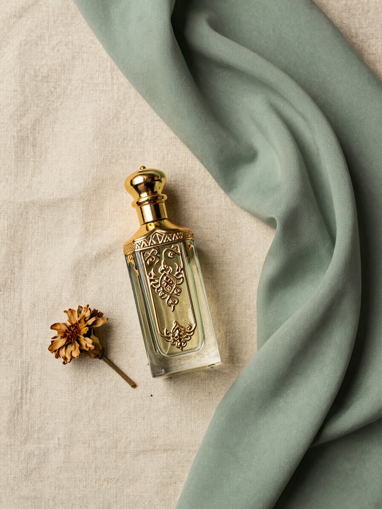Overhead flat-lay on a warm cream linen surface: an ornate Arabic perfume bottle with a burnished gold stopper placed to the left, soft sage-green fabric draped loosely to the right, a single dried flower resting beside the bottle, north-facing window light raking gently across the textures