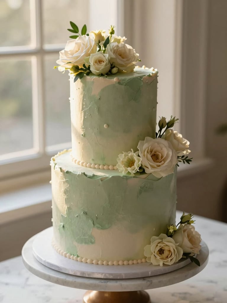 Overhead close-up of a tiered celebration cake with soft sage green and cream fondant, fresh florals on top, on a marble cake stand, golden-hour window light, sculptural and minimal styling, no people