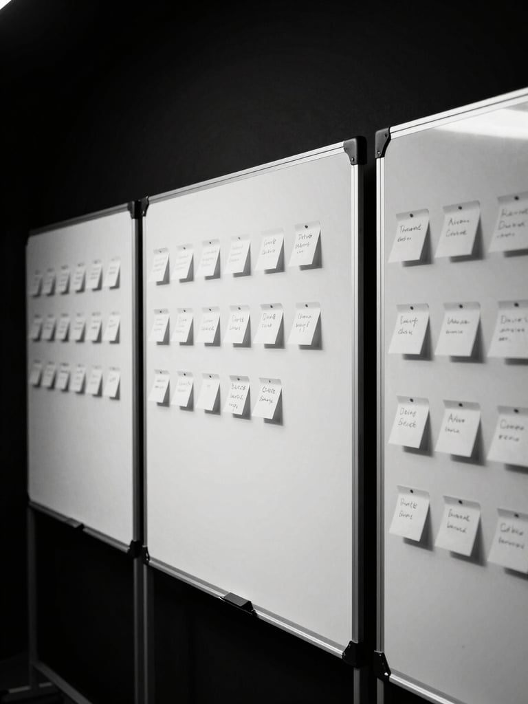 Behind-the-scenes workshop session with whiteboards and sticky notes, sharp high-contrast studio flash, deep shadows, monochrome, 35mm