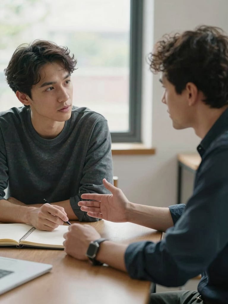 Close portrait-orientation frame of two people seated at a table in quiet conversation, one person gesturing toward an open notebook between them, soft diffused daylight from a nearby window, calm workspace environment, genuine focused attention — no eye contact with camera