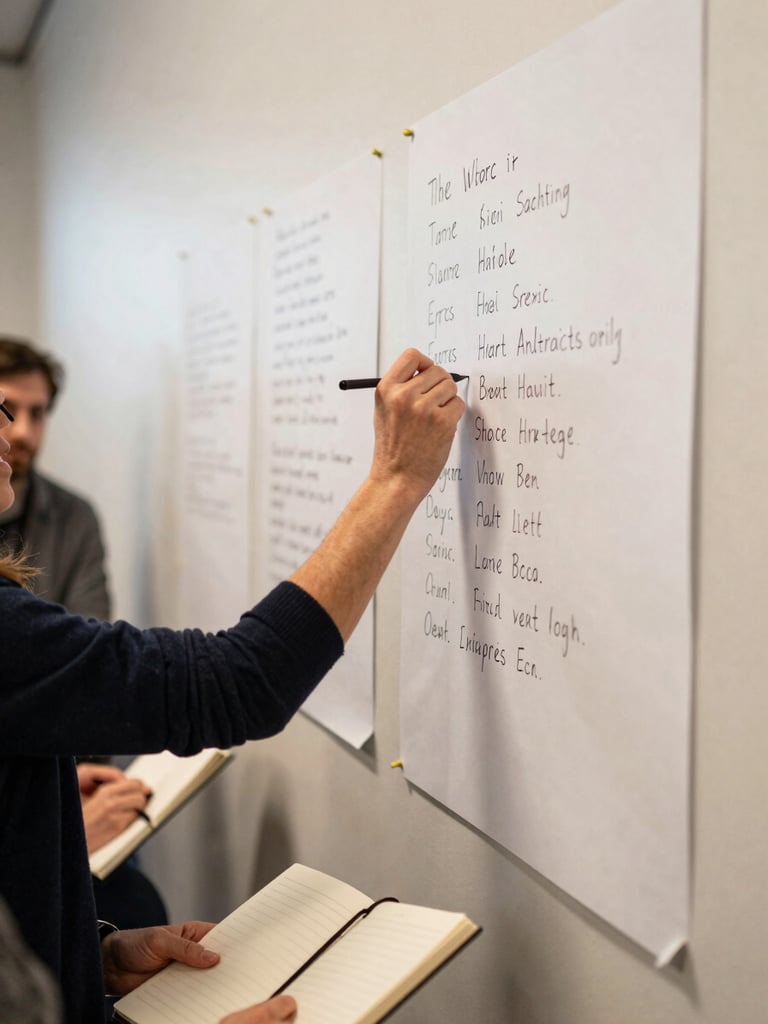 Wide shot of a facilitator's hand writing a key phrase on a large paper sheet pinned to a wall, other participants' hands and notebooks visible at the frame edge, warm diffused indoor light, genuine in-session moment captured from a low side angle