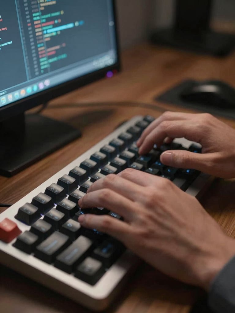 Close-up of hands typing on a mechanical keyboard in a dim office, screen glow reflecting off fingertips, monitor showing lines of code in the background, tight editorial crop