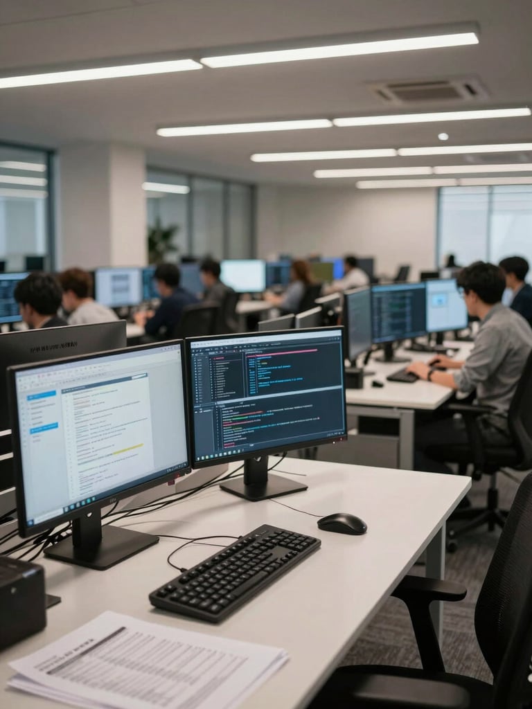 Wide-angle view of a modern open-plan office interior, rows of monitors displaying dashboards and code editors, neutral fluorescent lighting overhead, foreground desk in sharp focus with keyboard and documentation printouts, deep depth of field showing a working technical environment