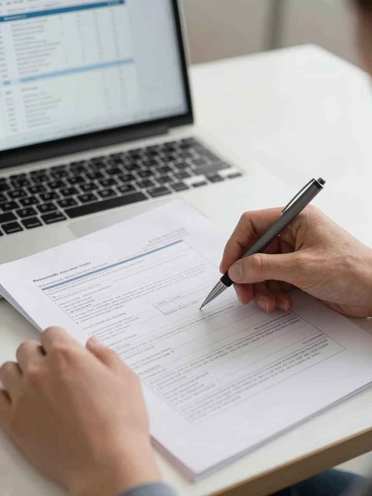Close-up of two hands reviewing printed technical documentation on a desk, a laptop screen with a project management interface visible in the background, clean neutral office lighting, sharp focus on annotated pages and a pen mid-notation