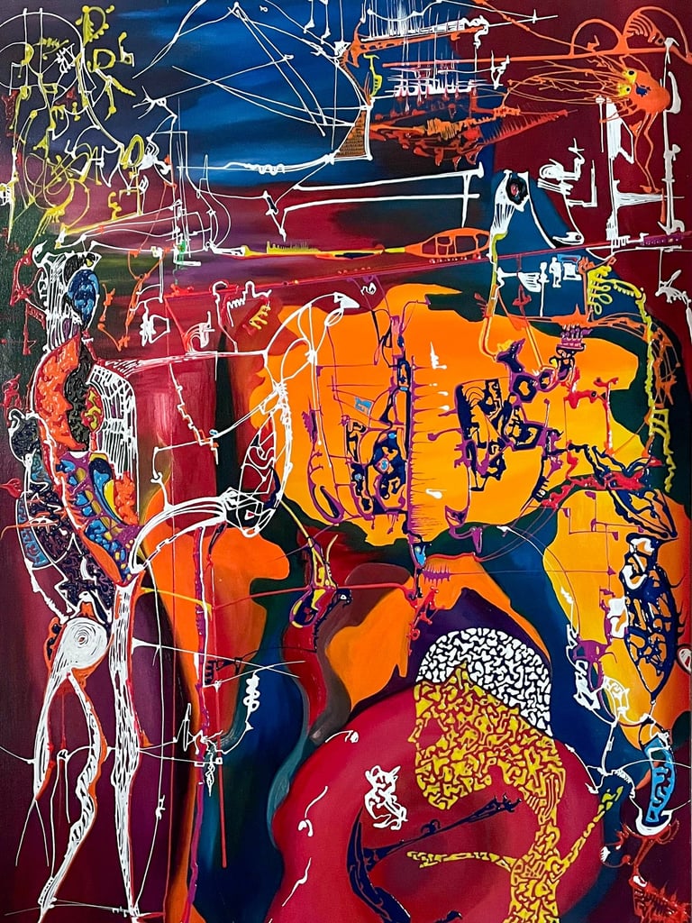 Abstract surrealist painting featuring vibrant orange, red, and blue tones with complex white line drawings and geometric