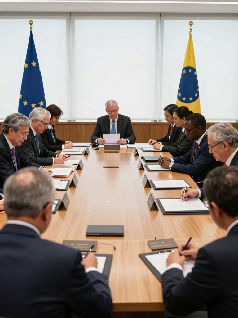A wide environmental shot of a high-level diplomatic roundtable meeting under natural soft window light. European and African policy delegates sit in a professional summit hall, focused on printed treaty documents on a wooden table. Editorial documentary style, 35mm lens, deep navy and gold undertones.