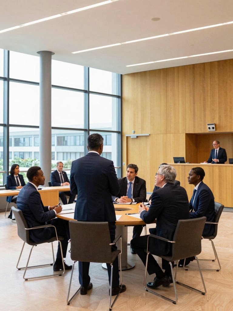 Wide environmental shot of European and African delegates conversing in a modern, light-filled institutional hall in Brussels, professional diplomatic setting.