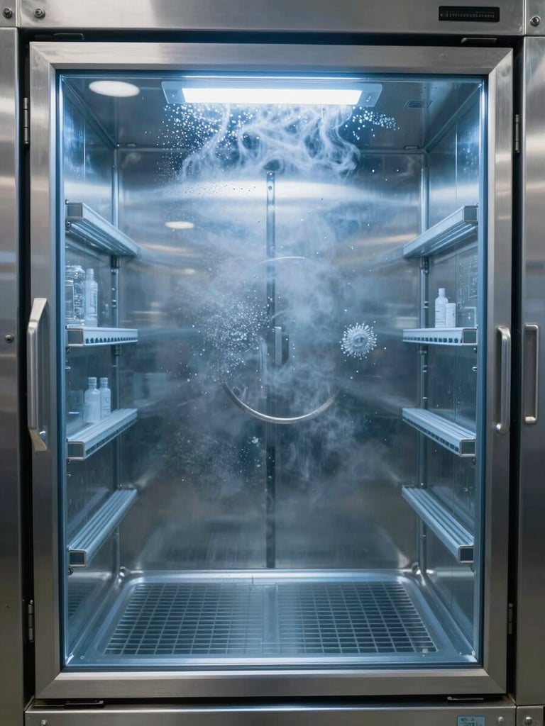 Industrial blast freezer interior, sterile stainless steel walls, cool blue clinical lighting, frost vapor visible on metallic surfaces.