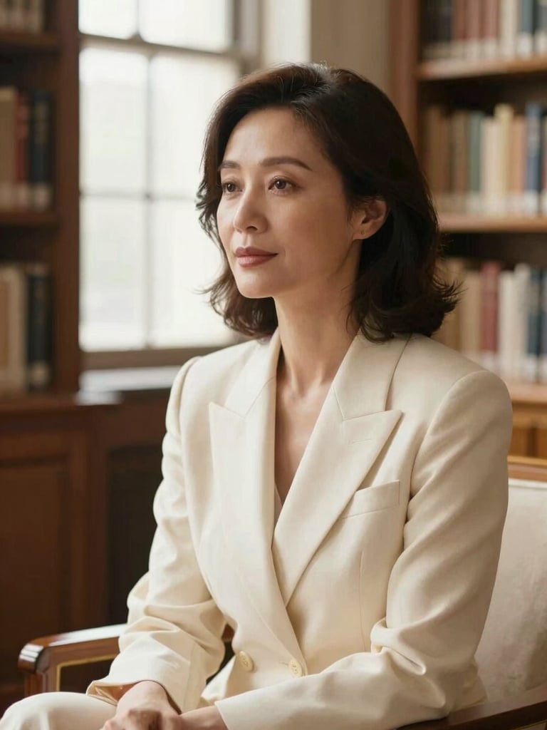 Elegant mature woman with soft expression, wearing a tailored cream blazer, sitting thoughtfully in a sunlit library, soft focus background, warm tones, 35mm photography
