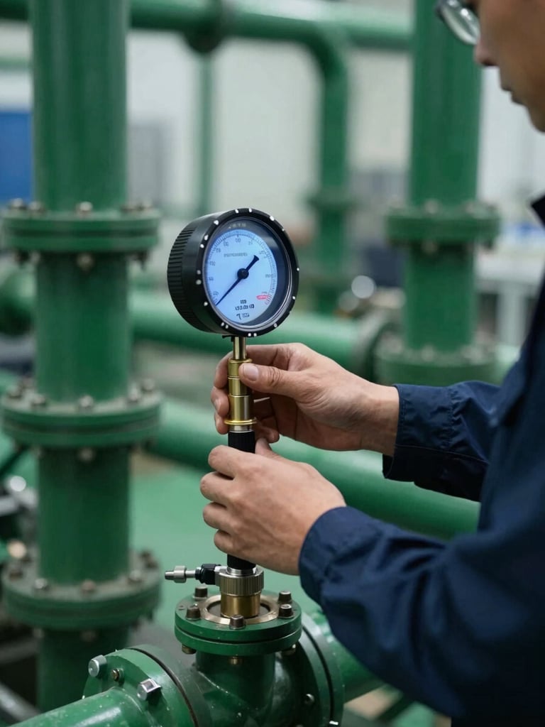 Engineer's hands operating an ultrasonic flowmeter on a pipe in a facility, cool natural lighting, sharp focus, 35mm lens, deep green and navy tones.
