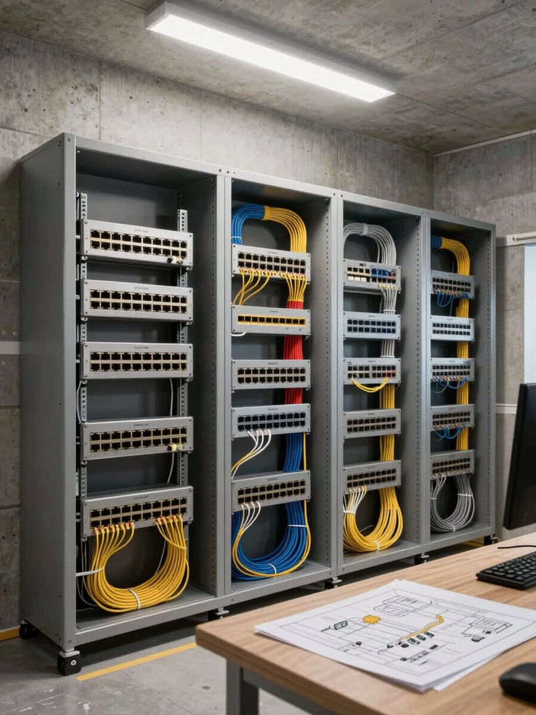 Environmental shot inside a completed smart home installation — a wide concrete-walled utility room showing a full rack of network switches, patch panels, and labeled cable bundles organized with cable ties, overhead fluorescent lighting, a printed system schematic document visible on the workbench in the foreground right