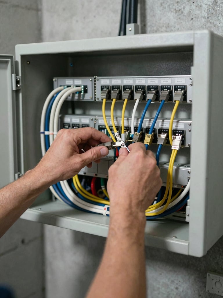 Close overhead view of a technician's hands routing structured cables into a wall-mounted control panel inside a concrete-walled room, overhead industrial lighting casting sharp shadows across cable management clips and labeled conduit runs, shallow depth of field on the connection points