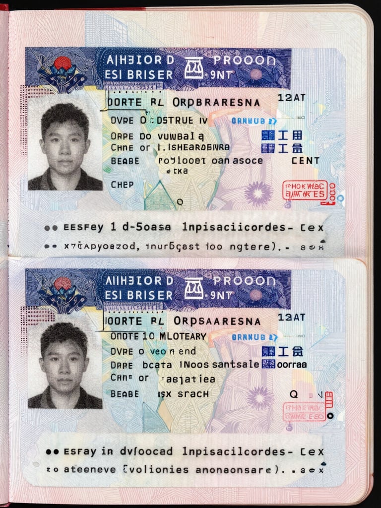 Close-up flat-lay of an approved visa page inside a passport, bright overhead daylight illuminating the official stamp and entry details with sharp clarity, the document fills the frame edge to edge, no props or staging
