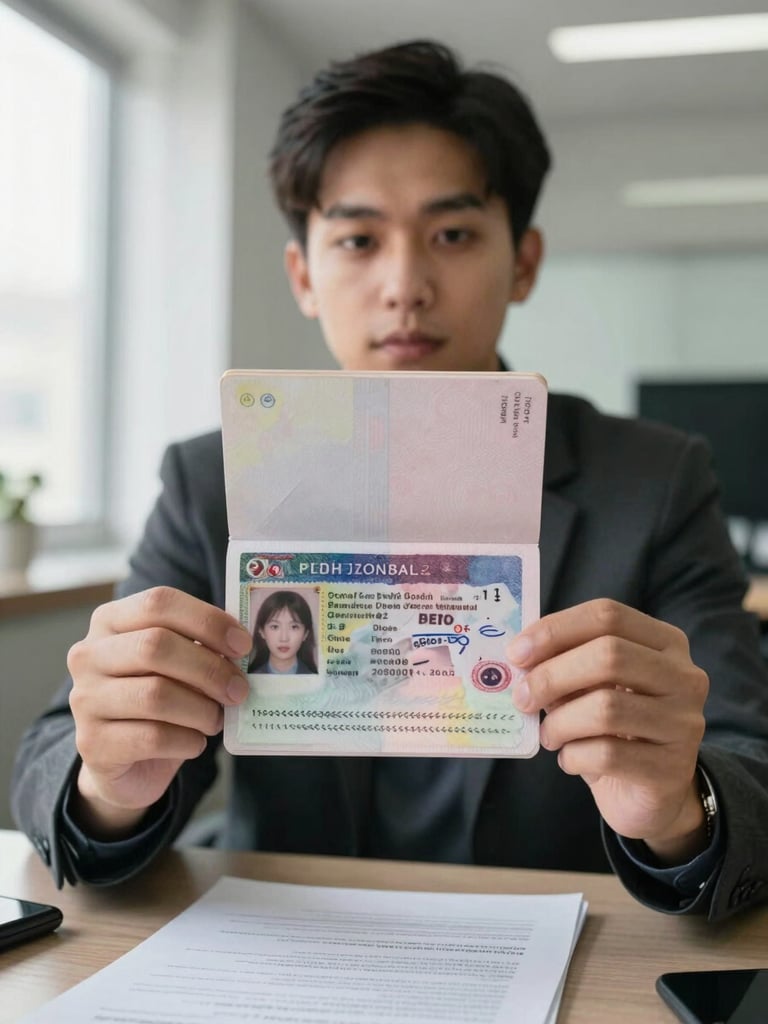 Medium shot of a client holding an open passport toward the camera, the approved visa page clearly visible inside, natural window light from the left, direct eye contact with the camera, hands and document sharp, background is the Pak2Global office with open files on desks, authentic and unposed