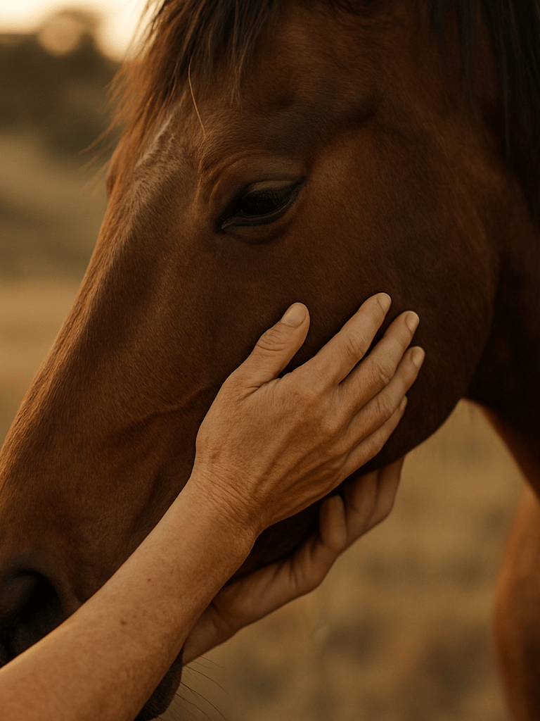 Intimate close-up of a volunteer's hands gently comforting a rescued horse in the golden hour light of Browns Valley foothills, shallow depth of field, 35mm.