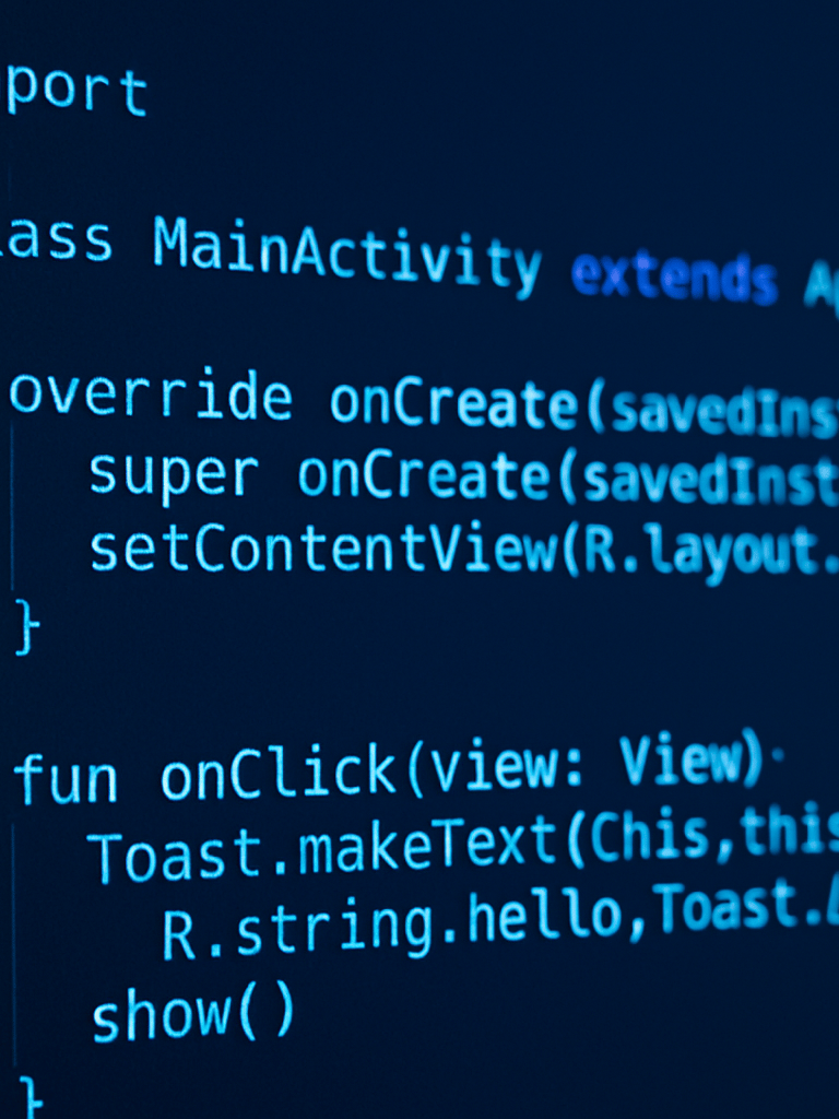 Close-up of a code editor showing clean Kotlin syntax highlighting, ambient frosty blue light reflecting on the monitor screen