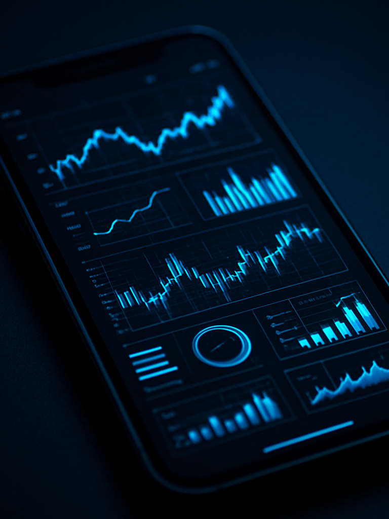 High-fidelity Android mockup displaying a complex financial dashboard with sharp neon blue charts and dense technical UI elements