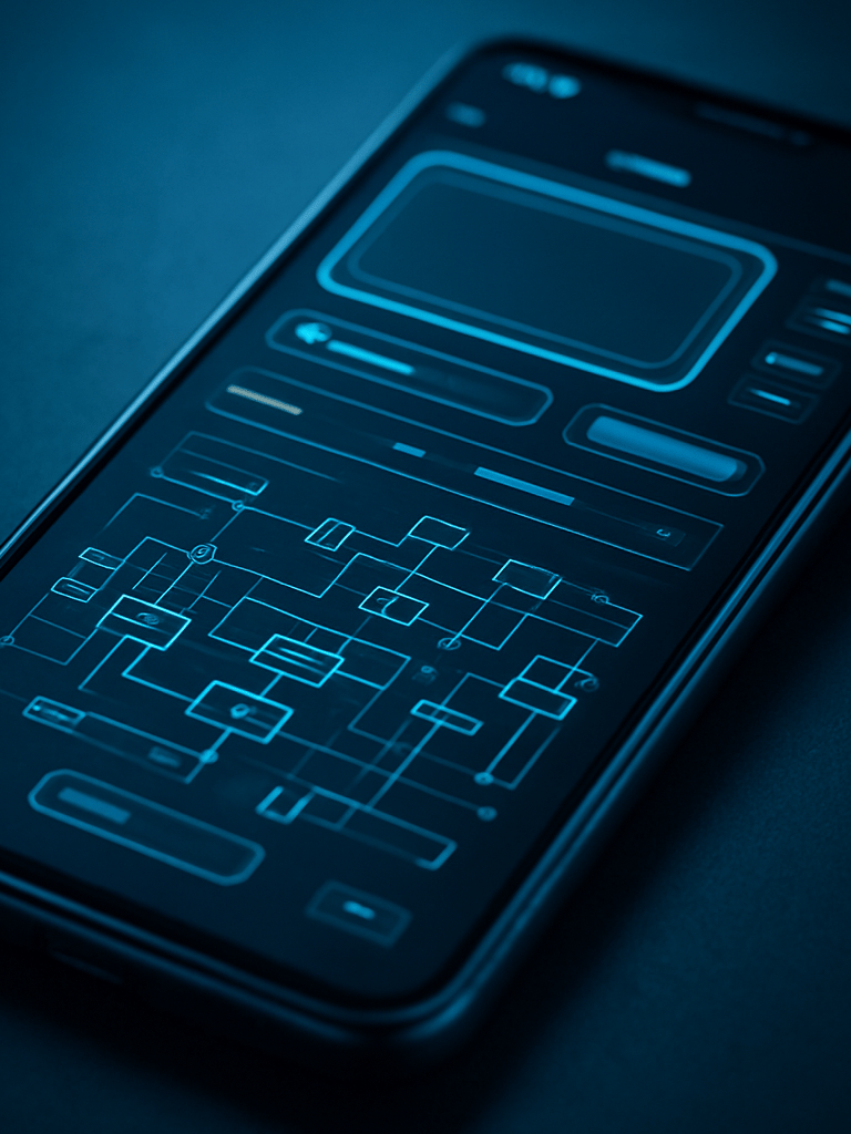 Macro close-up of a sleek Android device mockup displaying high-fidelity UI elements and complex system architecture diagrams, glowing neon cyan and frosty blue ambient studio lighting, sharp technical contrast, 35mm.