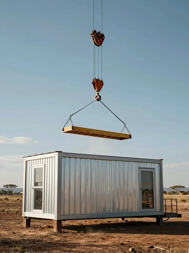 Wide-angle shot looking up at a modular prefab unit being lifted into position by crane on a flat Kenyan site, open savannah horizon behind, strong midday sun casting hard shadows on corrugated steel panels, dust visible in the air below the crane hook