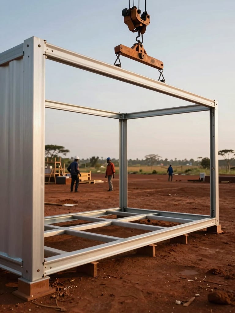 Close-up ground-level shot of a prefab modular unit being craned into position on a flat Kenyan site, steel frame catching late-afternoon sun, red laterite soil visible beneath, construction crew in hard hats in the mid-distance, open sky above