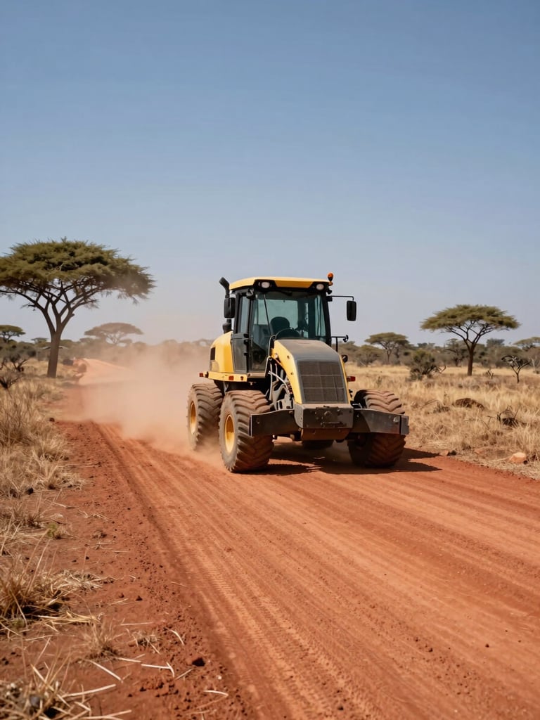 Wide-angle shot from ground level, a grader machine mid-operation on a red-murram road cutting through dry Kenyan savannah, dust rising in strong midday sun, road extending toward a low horizon with acacia trees at the edge of frame