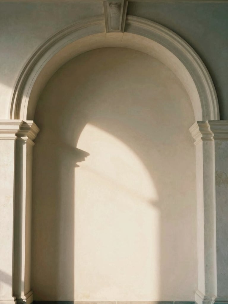 A classical architectural arch made of pale stone, soft warm window light casting long shadows, minimalist composition with negative space.