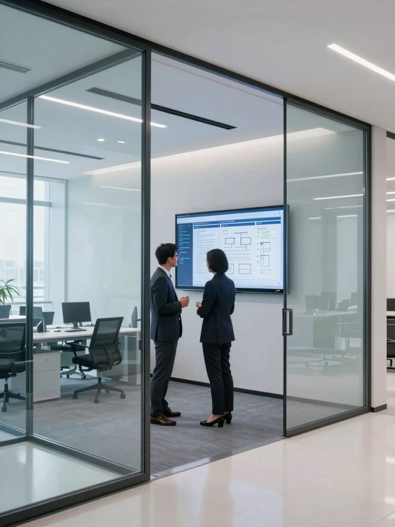 Bright modern law office interior, clean glass walls, an operations dashboard visible on a wall-mounted monitor, two professionals discussing workflow diagrams, cool blue tones, 35mm