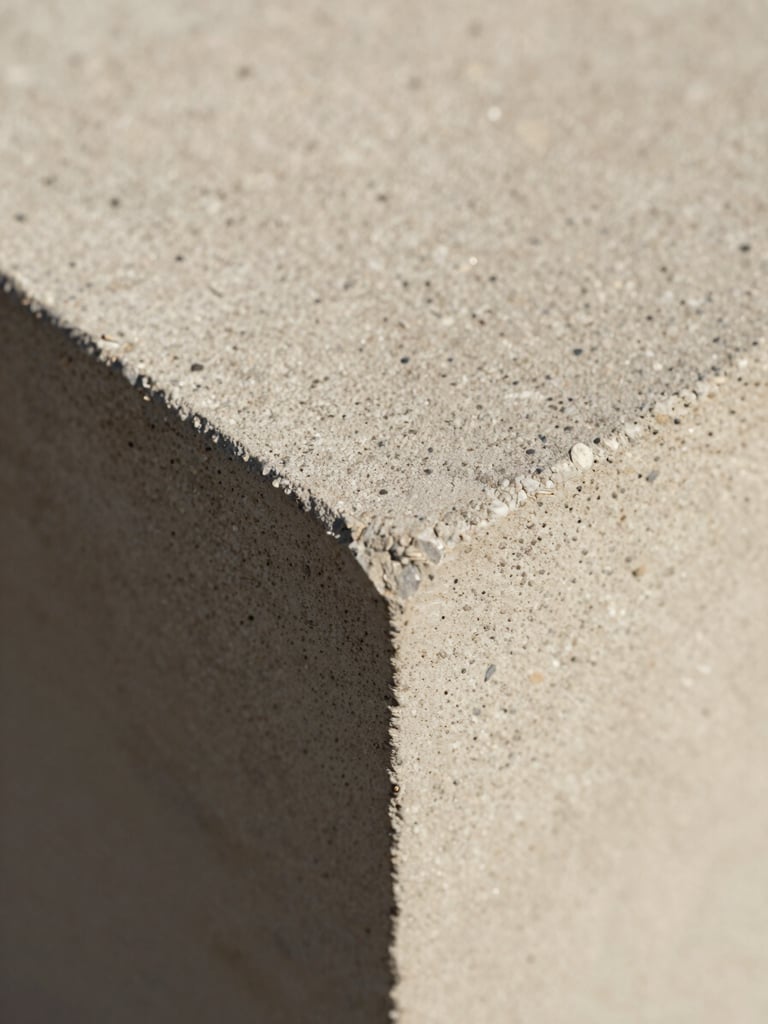 Close-up macro of polished concrete aggregate surface under north-facing daylight, champagne and graphite mineral particles visible in sharp relief, smooth edge profile cutting diagonally across the frame, warm earthy tones with subtle texture depth